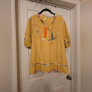 Falechay Yellow Boho Tunic Top Size L NWT